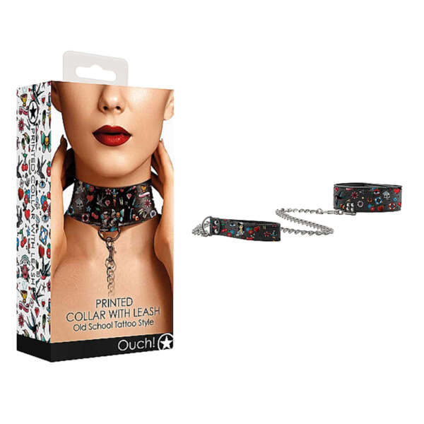Ouch Old School Tattoo Collar W/Leash