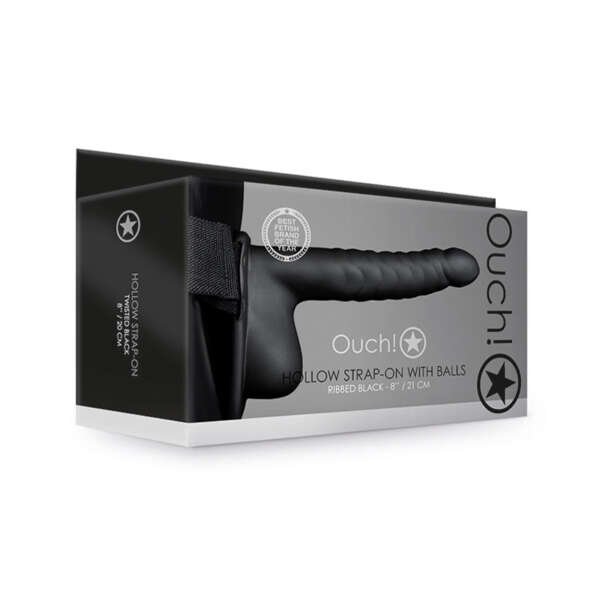 Ouch 8in Ribbed Hollow StrapOnWBalls Blk