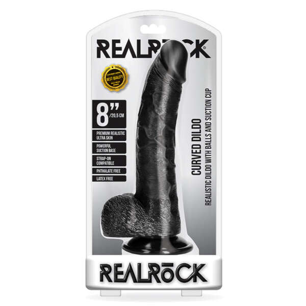 RealRock 8in Curved Dildo W/Balls Black