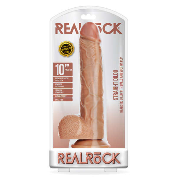 RealRock 10in Straight Dildo W/Balls Tan