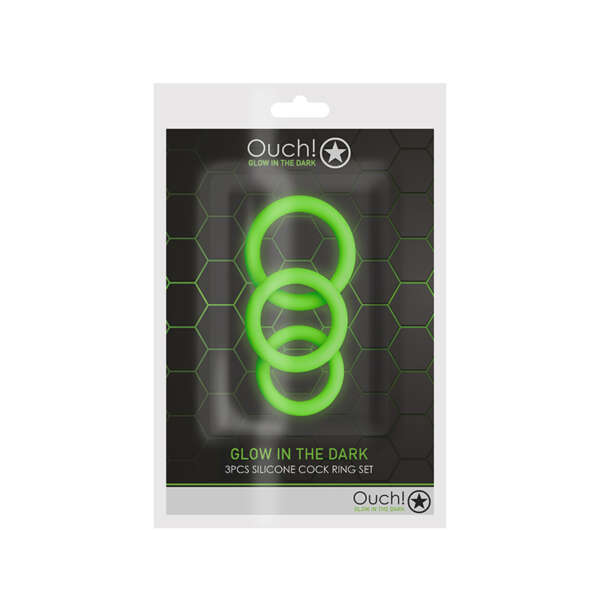 Ouch GITD 3Pc Silicone Cockring Set Grn