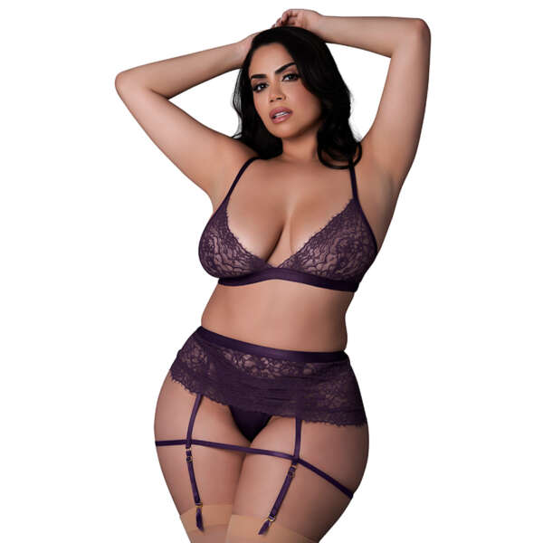 MS Leather&Lace BraletSkirtThong Plum Q