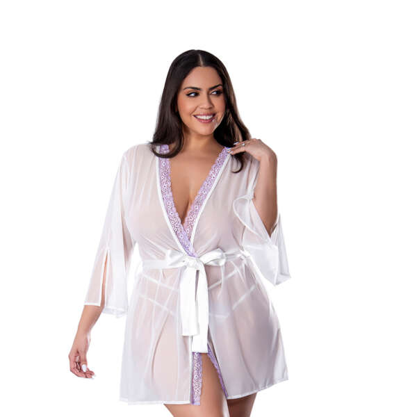 MS Sheer Passion Flutter Robe Wht/Lav Q