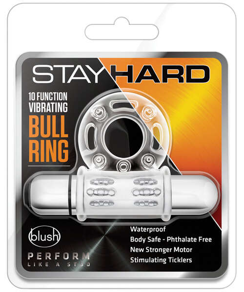 Blush Stay Hard 10 Function Vibrating Bull Ring Cock Ring - Clear