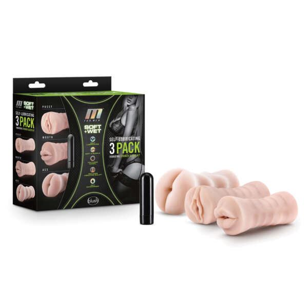Blush M for Men Self Lubricating Vibrating Stroker Sleeve Kit - Vanilla Pack of 3