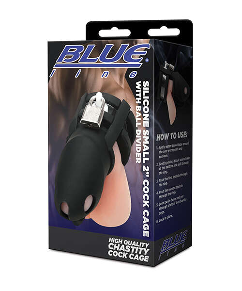 Blue Line 2" Silicone Mini Cock Cage With Ball Divider - Black