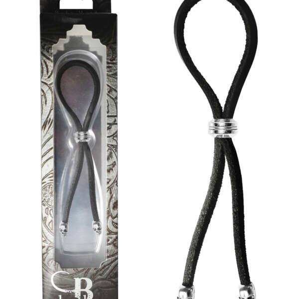 Bolo Cock Ring Leather Lasso Bead Slider w/Skull Tips - Black/Silver