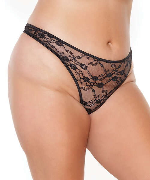 Stretch Lace High Leg Thong Black OS/XL