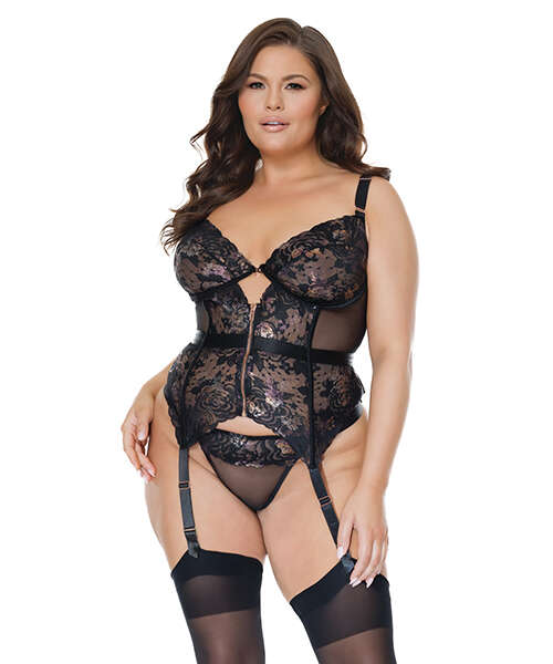Metallic Stretch Lace Garter Belt Bustier w/Lace Up Closure & Thong Black/Rose Gold 1X/2X