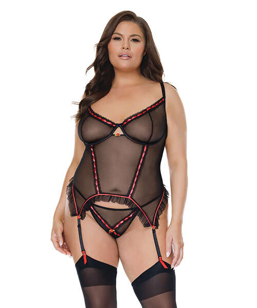 Mesh Underwire Garterbelt Bustier w/G-String Black 1X/2X