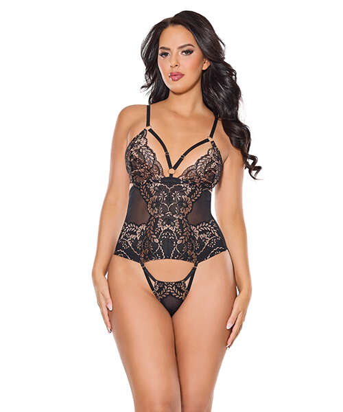 Lace and Mesh Teddy w/Removable Backless Panty - Black/Rose Gold MD
