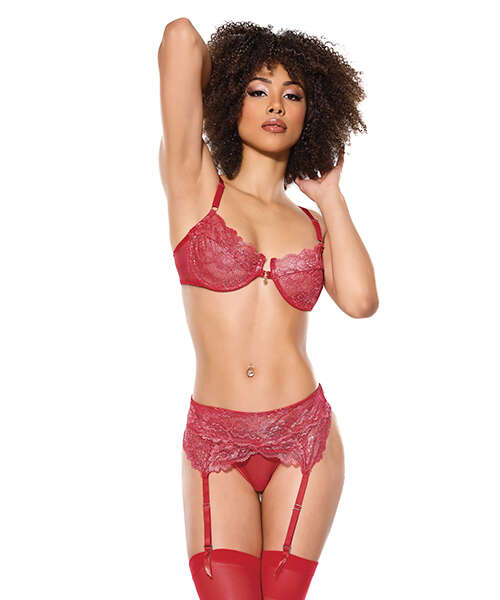 Metallic Stretch Lace Underwire Bra w/Crotchless Garter Panty - Red MD