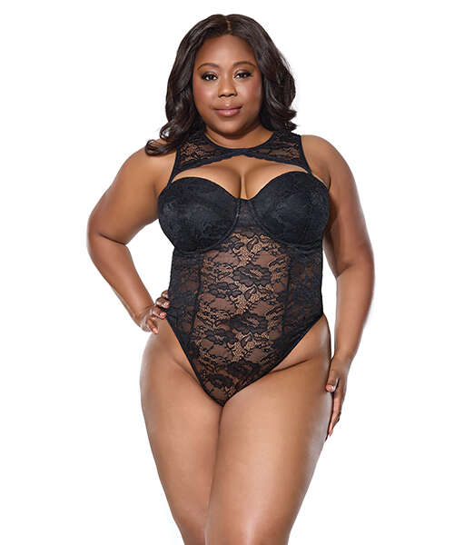 Lace Teddy w/Padded Underwire Cups & Removable Neck Accent - Black 3X/4X