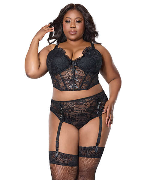 Lace Bustier w/Padded Cups & Gartered Thong Panty 2 pc Set - Black 3X/4X