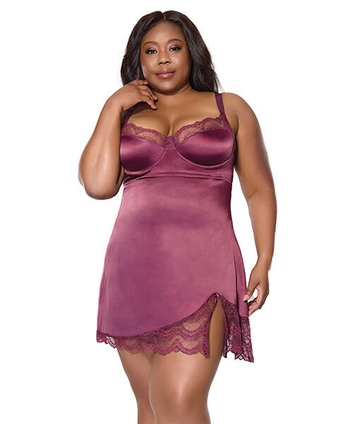 Scallop Lace Trimmed Stretch Satin Chemise w/Underwire Cups - Mauve Plum 3X/4X