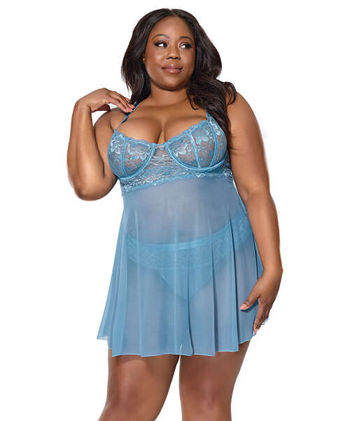 Floral Lace and Mesh Babydoll w/Underwire Cups & High-Waist Thong 2 pc Set - Blue 3X/4X