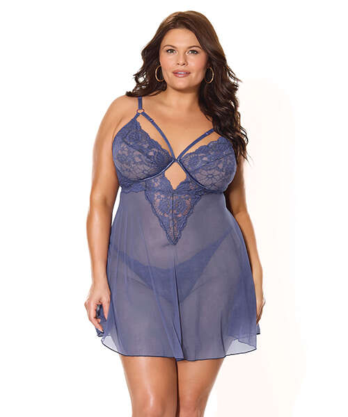 Twilight Fever Lace & Mesh Babydoll w/G-String - Navy 3X/4X