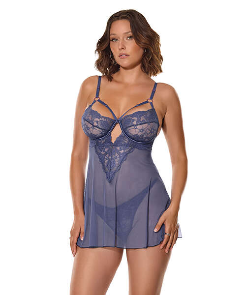 Twilight Fever Lace & Mesh Babydoll w/G-String - Navy MD