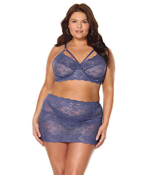 Twilight Fever Lace Bra & Skirt - Navy 3X/4X