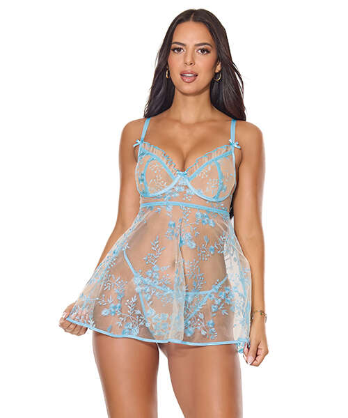 Blue Blossom Underwire Babydoll w/G-String - Blue XL