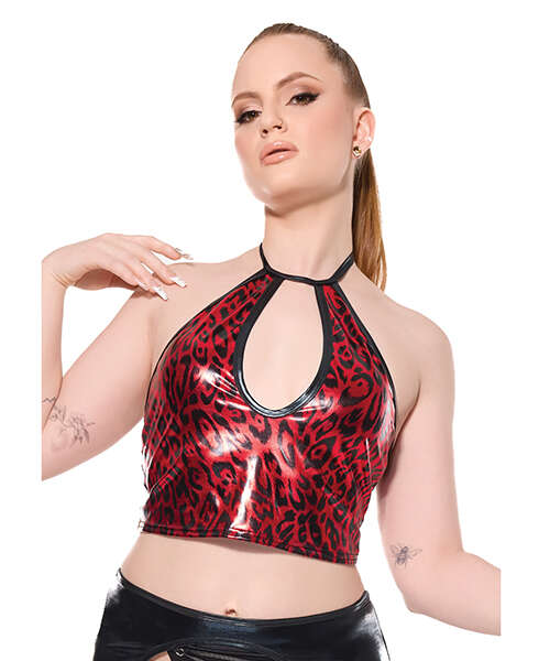 Darque Metallic Wet Look Keyhole Halter Top - Red/Black LG