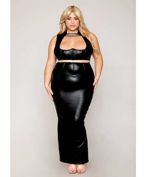 Stretch Faux Leather Harness Bra & Long Slip Skirt - Black 1X