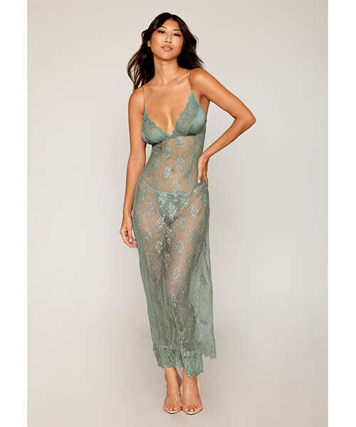 Eyelash Lace & Satin Long Chemise w/G-String - Sage Green XL