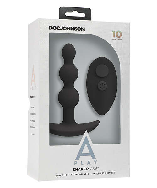 A Play Beaded Rechargeable Silicone Anal Plug w/Remote - Black