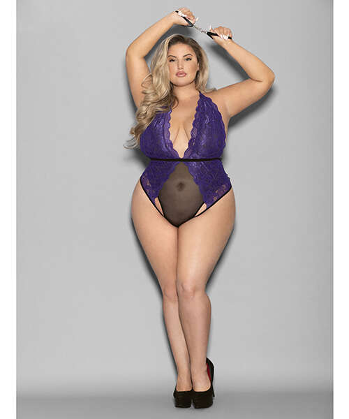 Euphoria Halter Lace & Mesh Teddy w/Wrist Restraints Purple/Black QN