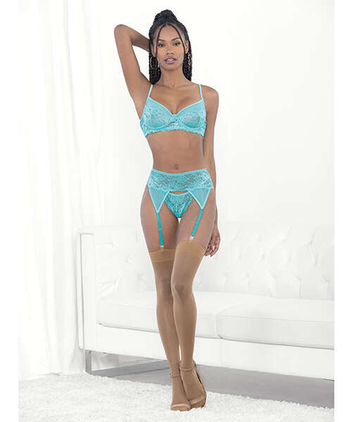 Lace & Mesh Underwire Bra, Garterbelt & G-String Malibu Blue XL
