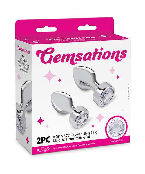 Gemsations 2 pc 3.25" & 3.7" Tapered Bling Bling Metal Butt Plug Training Set - Silver