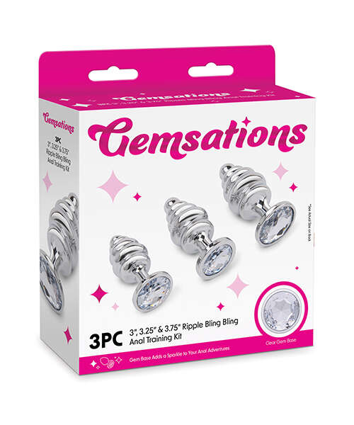 Gemsations 3 pc 2.95" & 3.25" & 3.7" Ripple Bling Bling Metal Butt Plug Training Set - Silver
