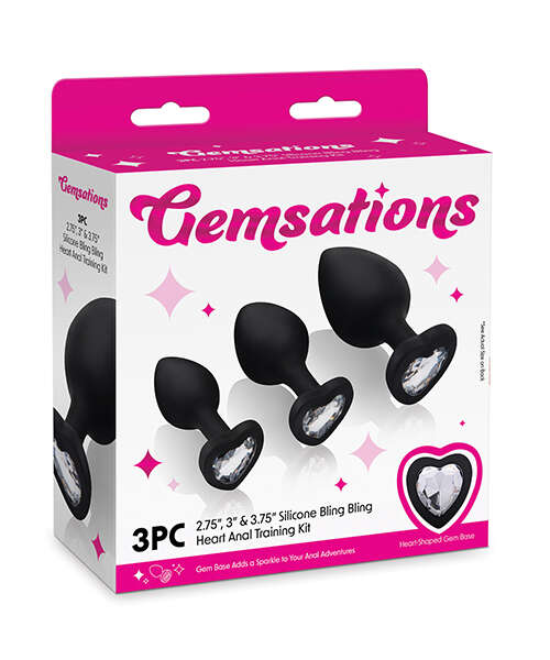 Gemsations 3 pc 2.75" & 3.15" & 3.7" Silicone Bling Bling Heart Butt Plug Training Set - Black