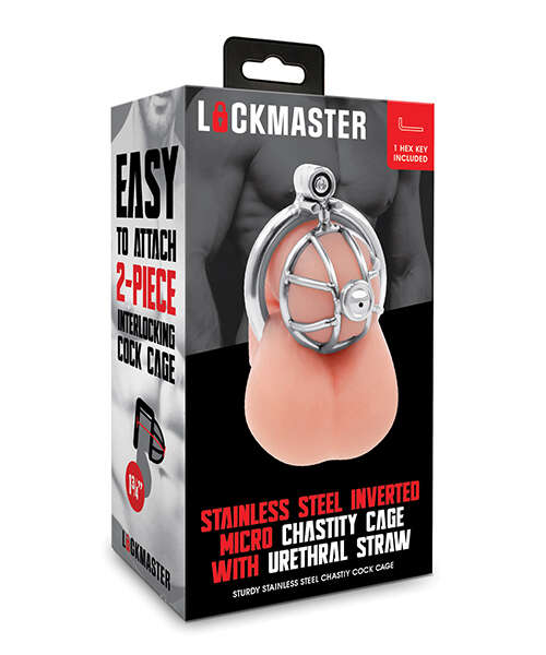 Lockmaster Stainless Steel Inverted Micro Chastity Cage w/Urethral Straw - Silver