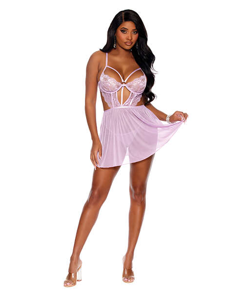 Violet Lace & Mesh Underwire Babydoll w/G-String 2 pc Set - Orchid Bloom XL