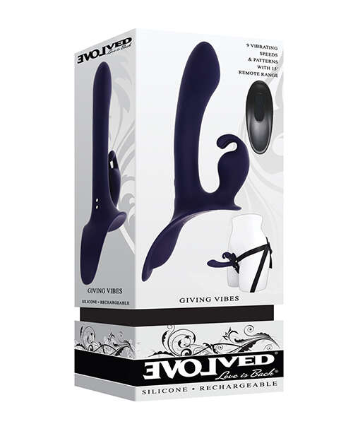 Evolved Giving Vibes Strap-On Bunny Eared Stimulator w/Remote Control - Purple