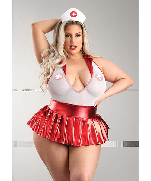 Play Pulse Check Collared Teddy w/Open Back, Pleated Skirt, Medic Hat & Pasties Red/White 3X/4X