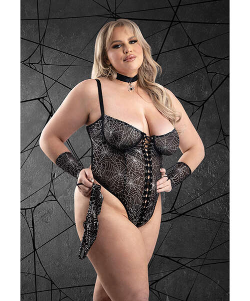 Play Into My Web Lace-up Teddy 4 pc Set - Black 3X/4X