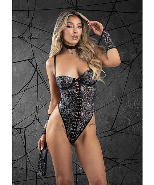 Play Into My Web Lace-up Teddy 4 pc Set - Black S/M