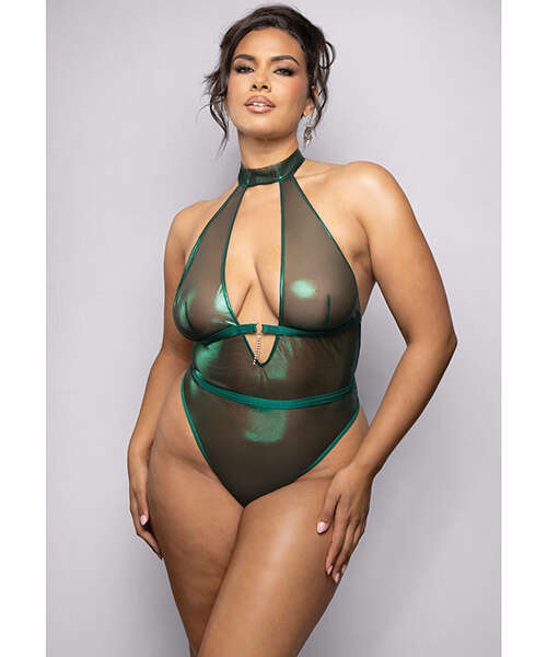 Emerald Shimmer Mesh Halter Teddy w/Open Back - Green 3X/4X
