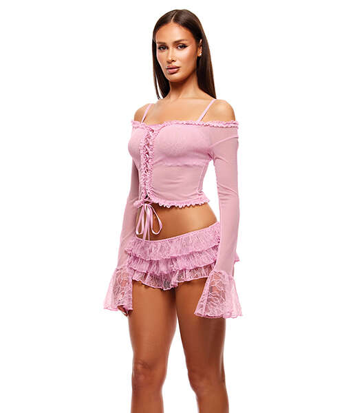 Soft Girl Era Sheer Mesh & Lace Bralette & Shorts - Light Pink MD
