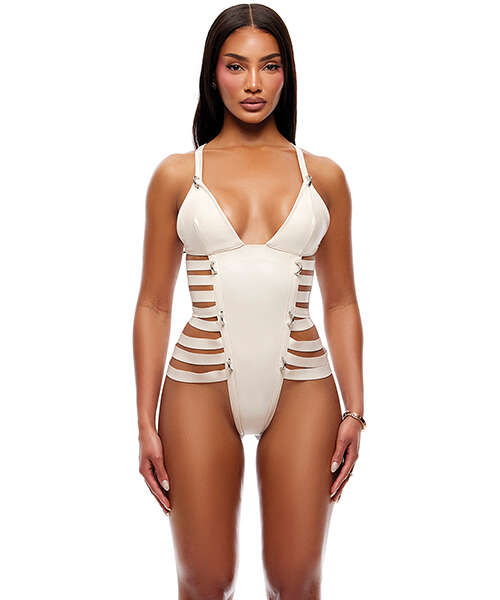 Strap Tease Strappy Matte Vinyl Teddy - Cream MD