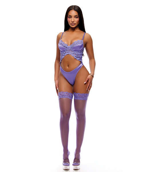 See It Through Guipure Teddy Set w/Stockings - Purple XL