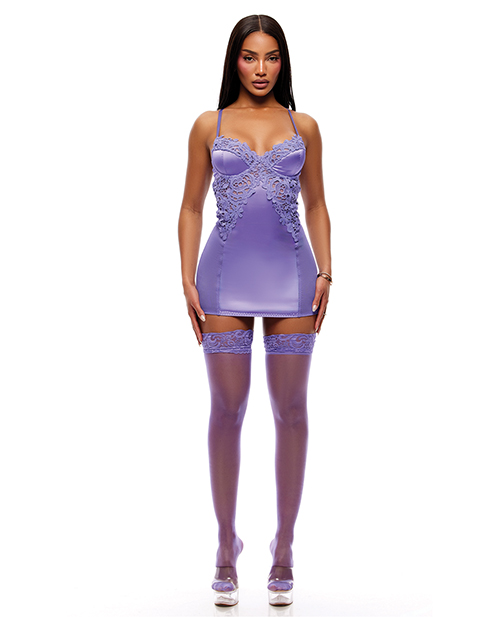 See It Through Guipure Lace Chemise w/Thong & Stockings - Purple LG