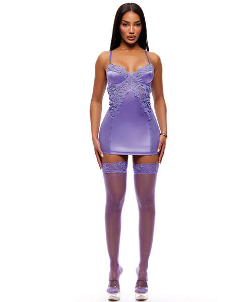 See It Through Guipure Lace Chemise w/Thong & Stockings - Purple MD