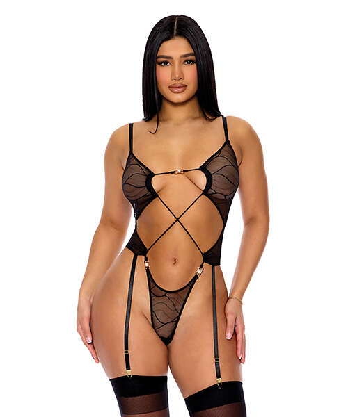 Pull My Strings Sheer Mesh Teddy w/Garters & Faux Pearl Details - Black LG
