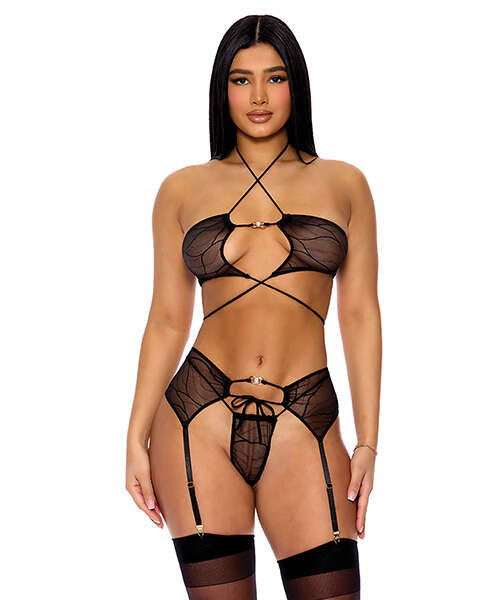 Pull My Strings Mesh Halterneck Bra w/Garter & Panty - Black XL