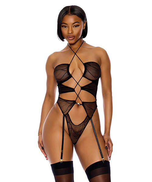 Pull My Strings Sheer Mesh Halterneck Teddy - Black MD