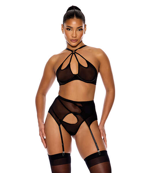 Feeling Butterflies Mesh Halterneck Bra w/Garter & Panty - Black SM