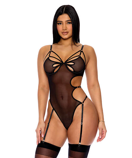 Feeling Butterflies Mesh Teddy w/Garters - Black LG